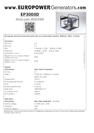 डीजल पावर जनरेटर Europower EP3000D (MA)