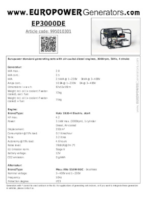 डीजल पावर जनरेटर Europower EP3000DE (MA)