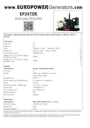 डीजल पावर जनरेटर Europower EP34TDE (MA)