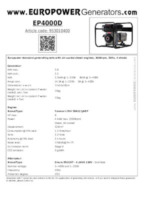 डीजल पावर जनरेटर Europower EP4000D (S)