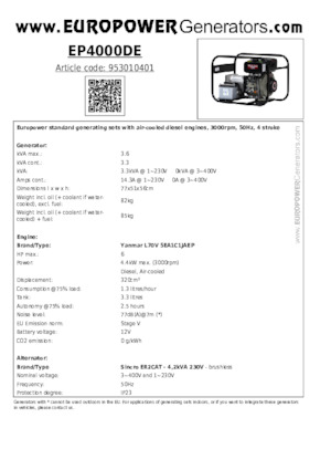 डीजल पावर जनरेटर Europower EP4000DE (S)
