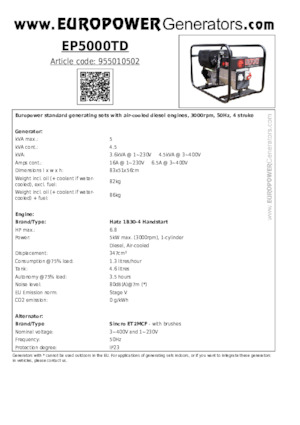 डीजल पावर जनरेटर Europower EP5000TD (S)