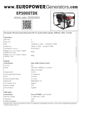 डीजल पावर जनरेटर Europower EP5000TDE (S)