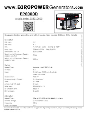 डीजल पावर जनरेटर Europower EP6000D (S)