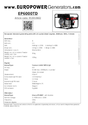 डीजल पावर जनरेटर Europower EP6000TD (S)