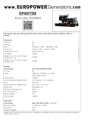 डीजल पावर जनरेटर Europower EP60TDE (MA)