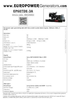 डीजल पावर जनरेटर Europower EP60TDE-3A (LS)