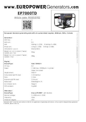 डीजल पावर जनरेटर Europower EP7000TD (S)