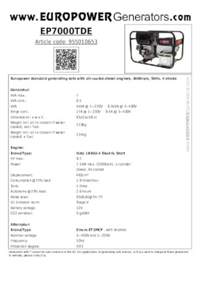 डीजल पावर जनरेटर Europower EP7000TDE (S)