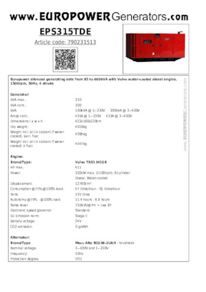 डीजल पावर जनरेटर Europower EPS315TDE (MA)