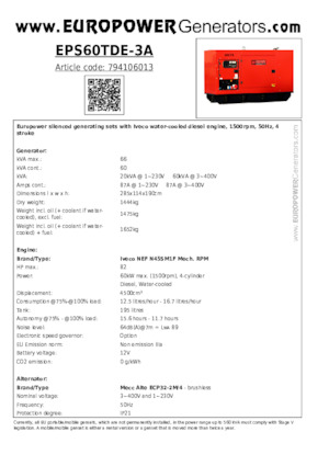 डीजल पावर जनरेटर Europower EPS60TDE-3A (MA)