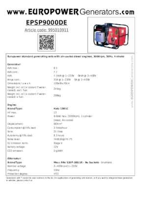 डीजल पावर जनरेटर Europower EPSP9000DE (MA)