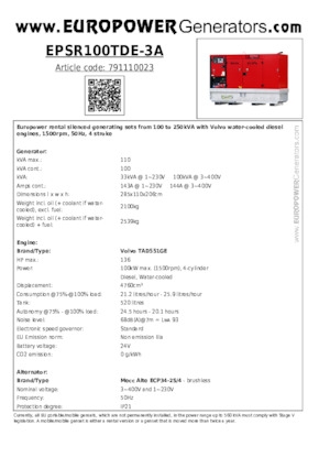 डीजल पावर जनरेटर Europower EPSR100TDE-3A (MA)