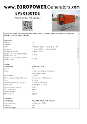 डीजल पावर जनरेटर Europower EPSR150TDE (MA)