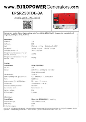 डीजल पावर जनरेटर Europower EPSR250TDE-3A (MA)
