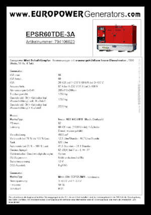 डीजल पावर जनरेटर Europower EPSR60TDE-3A (MA)