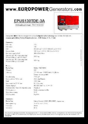 डीजल पावर जनरेटर Europower EPUS130TDE-3A (LS)