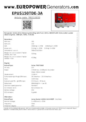 डीजल पावर जनरेटर Europower EPUS150TDE-3A (LS)