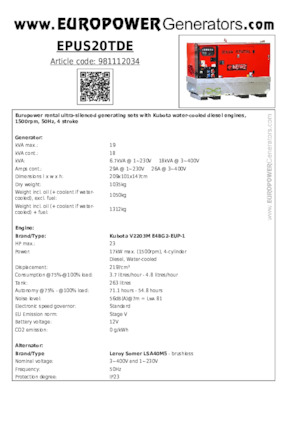 डीजल पावर जनरेटर Europower EPUS20TDE (LS)