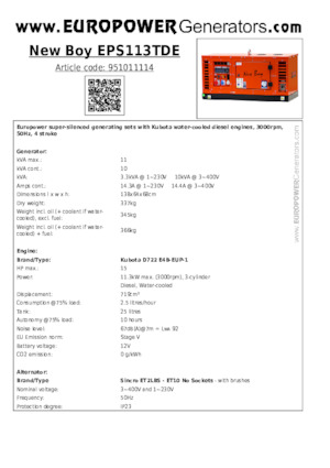 डीजल पावर जनरेटर Europower New Boy EPS113TDE (S)