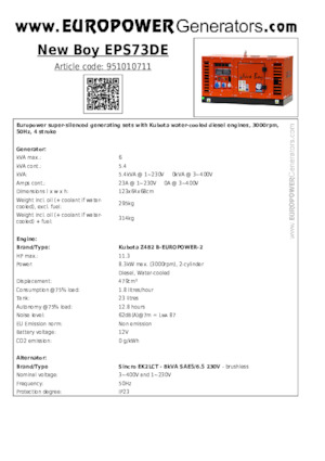 डीजल पावर जनरेटर Europower New Boy EPS73DE (S)