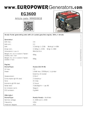 गैसोलीन पावर जनरेटर Europower EG3600