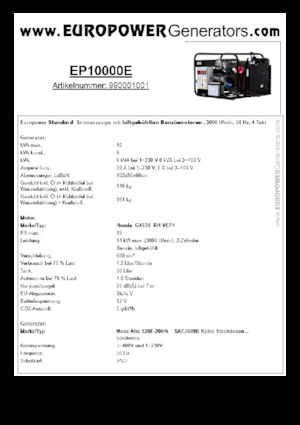 गैसोलीन पावर जनरेटर Europower EP10000E (MA)
