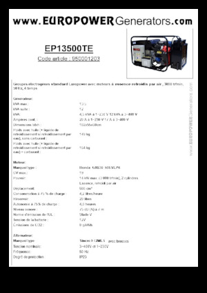 गैसोलीन पावर जनरेटर Europower EP13500TE (S)