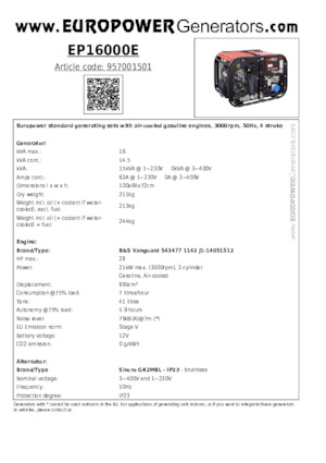 गैसोलीन पावर जनरेटर Europower EP16000E (S)