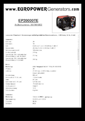गैसोलीन पावर जनरेटर Europower EP20000TE (S)