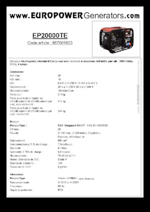 गैसोलीन पावर जनरेटर Europower EP20000TE (S)