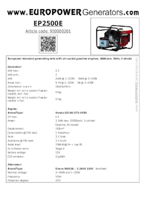 गैसोलीन पावर जनरेटर Europower EP2500E (S)