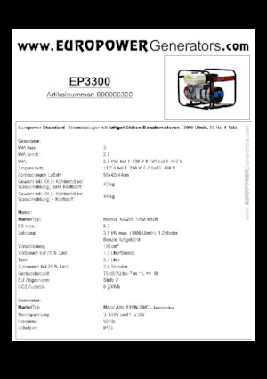 गैसोलीन पावर जनरेटर Europower EP3300 (MA)