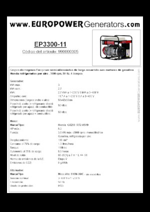 गैसोलीन पावर जनरेटर Europower EP3300-11 (MA)