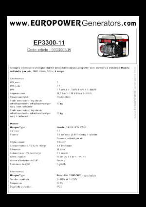 गैसोलीन पावर जनरेटर Europower EP3300-11 (MA)