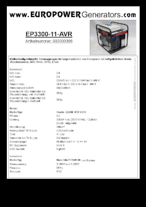 गैसोलीन पावर जनरेटर Europower EP3300-11-AVR (MA)