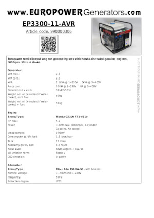 गैसोलीन पावर जनरेटर Europower EP3300-11-AVR (MA)