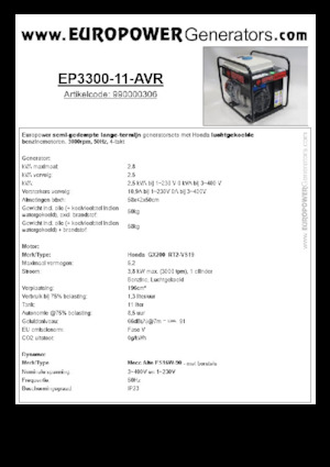 गैसोलीन पावर जनरेटर Europower EP3300-11-AVR (MA)