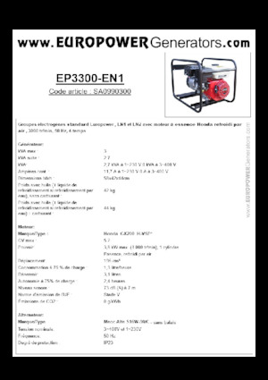 गैसोलीन पावर जनरेटर Europower EP3300-EN1 (MA)