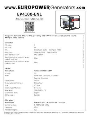 गैसोलीन पावर जनरेटर Europower EP4100-EN1 (S)