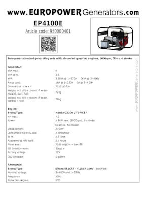 गैसोलीन पावर जनरेटर Europower EP4100E (S)