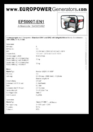 गैसोलीन पावर जनरेटर Europower EP5000T-EN1 (S)