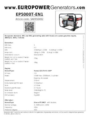 गैसोलीन पावर जनरेटर Europower EP5000T-EN1 (S)