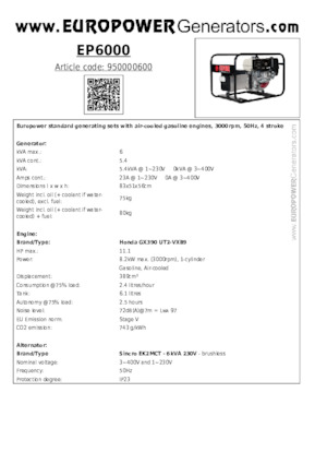 गैसोलीन पावर जनरेटर Europower EP6000 (S)