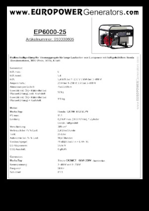 गैसोलीन पावर जनरेटर Europower EP6000-25 (S)