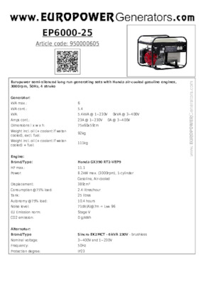 गैसोलीन पावर जनरेटर Europower EP6000-25 (S)