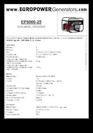 गैसोलीन पावर जनरेटर Europower EP6000-25 (S)