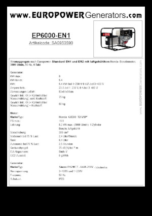 गैसोलीन पावर जनरेटर Europower EP6000 EN1 (S)