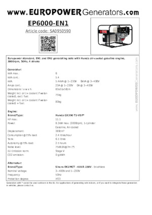 गैसोलीन पावर जनरेटर Europower EP6000 EN1 (S)