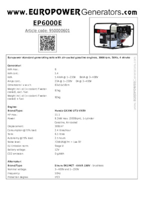 गैसोलीन पावर जनरेटर Europower EP6000E (S)